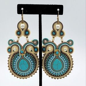 Earrings Turquoise & Cream Soutache #2076